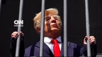 instalasi satir Trump - Instalasi seni yang menampilkan sosok menyerupai Donald Trump di balik jeruji besi di pusat kota Teheran, Iran.